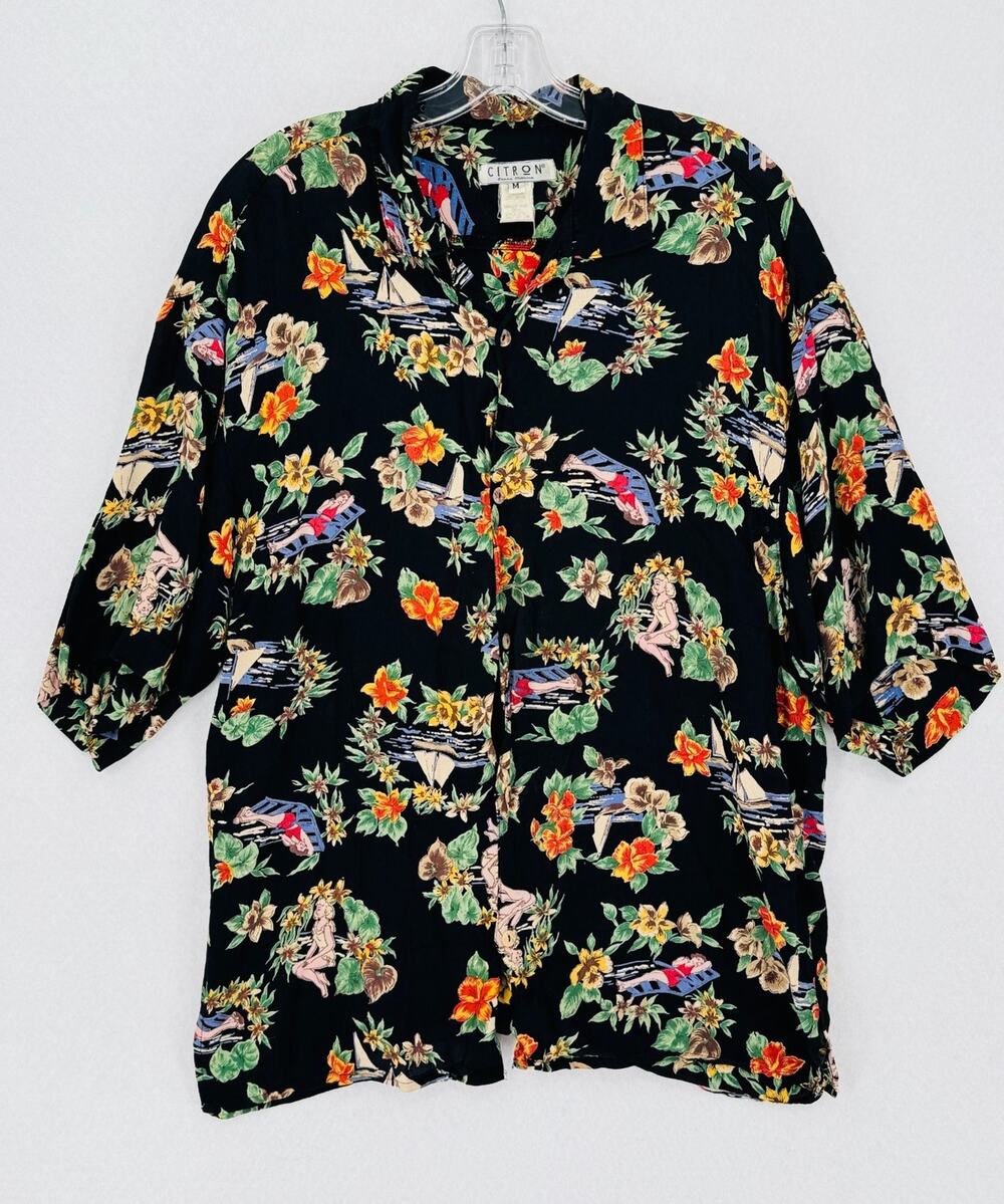 Citron Mens Black Hawaiian Tropical Floral Short Sleeve Camp Shirt Sz M